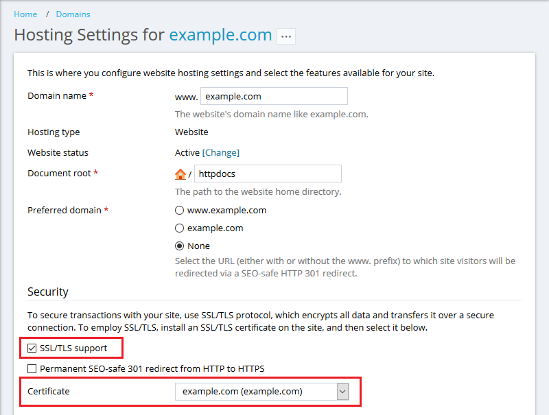 4- Hosting Settings - ssl Plesk